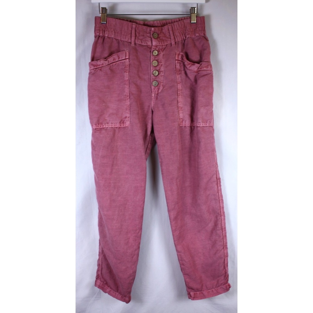 Sundance Linen Blend Pants Pink Size 2 High Rise Elastic Waist Button Fly Boho